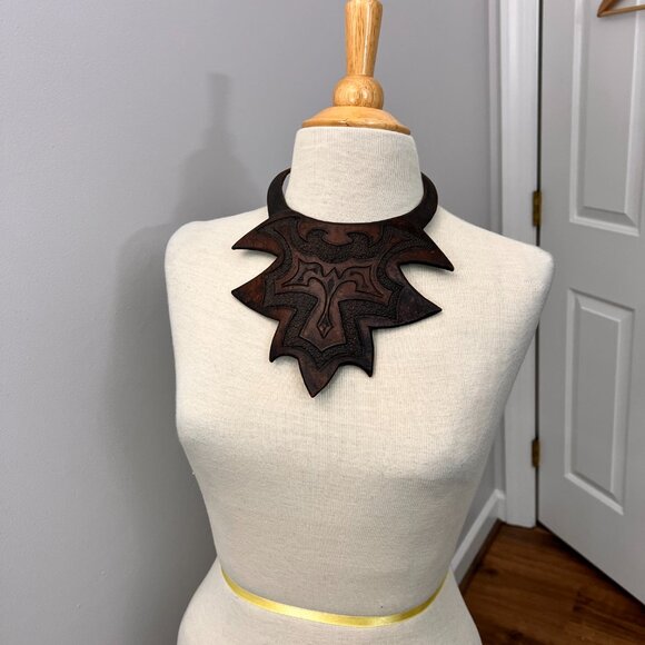 Vintage Leather Breastplate Choker Engraved Necklace Statement Piece African - Picture 14 of 14